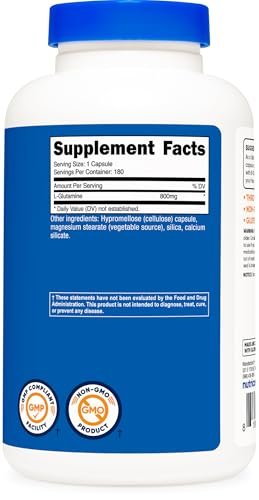 Nutricost L-Glutamin 800mg, 180 Kapseln – Glutenfrei, Non-GMO, Aminosäure-Präparat
