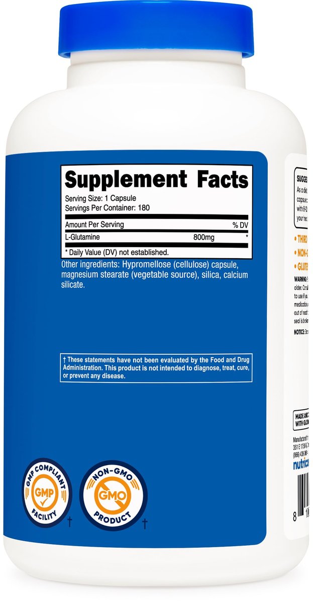 Nutricost L-Glutamin 800mg, 180 Kapseln – Glutenfrei, Non-GMO, Aminosäure-Präparat