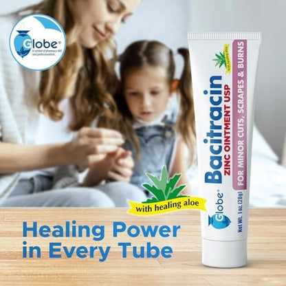 Globe Bacitracin Zink-Salbe + Aloe 1oz (4er-Pack) – Antibiotische Wundsalbe, Erste-Hilfe-Salbe gegen Infektionen bei Schnitten, Schürfwunden & Verbrennungen