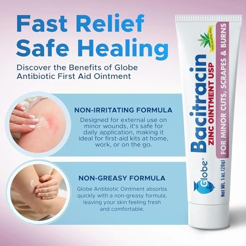 Globe Bacitracin Zink-Salbe + Aloe 1oz (4er-Pack) – Antibiotische Wundsalbe, Erste-Hilfe-Salbe gegen Infektionen bei Schnitten, Schürfwunden & Verbrennungen