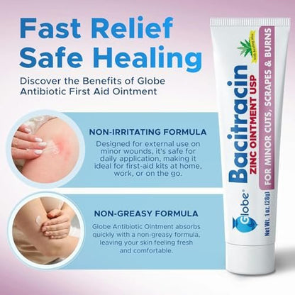Globe Bacitracin Zink-Salbe + Aloe 1oz (4er-Pack) – Antibiotische Wundsalbe, Erste-Hilfe-Salbe gegen Infektionen bei Schnitten, Schürfwunden & Verbrennungen