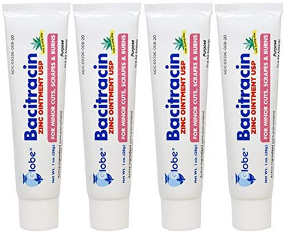 Globe Bacitracin Zink-Salbe + Aloe 1oz (4er-Pack) – Antibiotische Wundsalbe, Erste-Hilfe-Salbe gegen Infektionen bei Schnitten, Schürfwunden & Verbrennungen