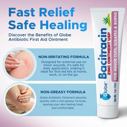 Globe Bacitracin Zink-Salbe + Aloe 1oz (4er-Pack) – Antibiotische Wundsalbe, Erste-Hilfe-Salbe gegen Infektionen bei Schnitten, Schürfwunden & Verbrennungen