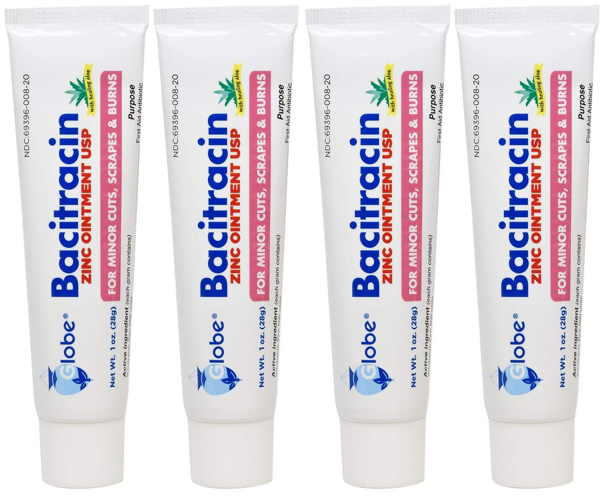 Globe Bacitracin Zink-Salbe + Aloe 1oz (4er-Pack) – Antibiotische Wundsalbe, Erste-Hilfe-Salbe gegen Infektionen bei Schnitten, Schürfwunden & Verbrennungen