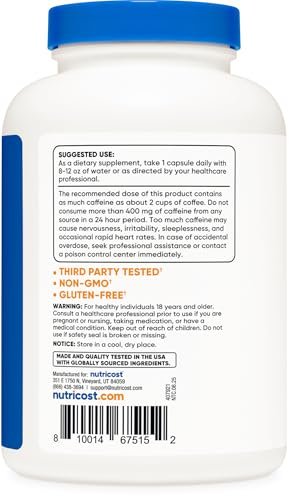 Nutricost Koffeinkapseln, 200 mg pro Portion (500 Kapseln) - Energie-Booster für den Tag