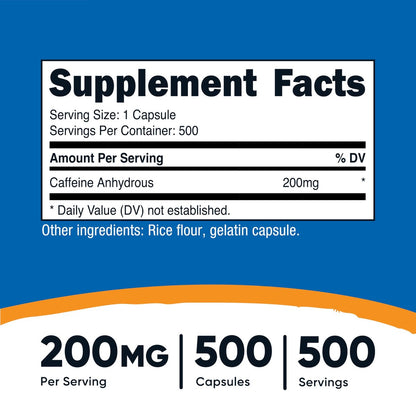Nutricost Koffeinkapseln, 200 mg pro Portion (500 Kapseln) - Energie-Booster für den Tag