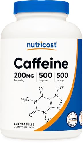 Nutricost Koffeinkapseln, 200 mg pro Portion (500 Kapseln) - Energie-Booster für den Tag