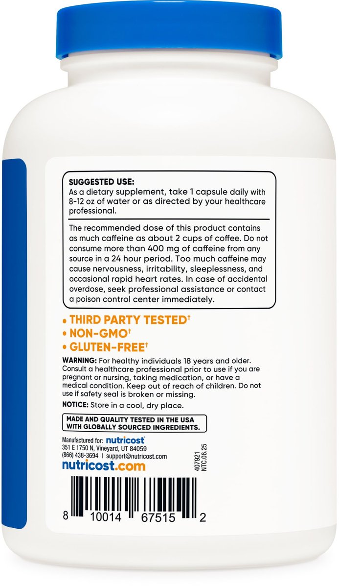 Nutricost Koffeinkapseln, 200 mg pro Portion (500 Kapseln) - Energie-Booster für den Tag