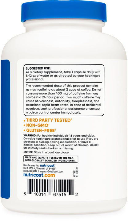 Nutricost Koffeinkapseln, 200 mg pro Portion (500 Kapseln) - Energie-Booster für den Tag