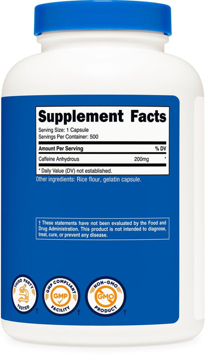 Nutricost Koffeinkapseln, 200 mg pro Portion (500 Kapseln) - Energie-Booster für den Tag