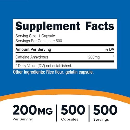 Nutricost Koffeinkapseln, 200 mg pro Portion (500 Kapseln) - Energie-Booster für den Tag
