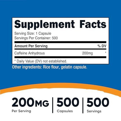 Nutricost Koffeinkapseln, 200 mg pro Portion (500 Kapseln) - Energie-Booster für den Tag