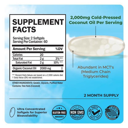BioSchwartz Bio-Kokosöl Kapseln 2000mg – Organisch, rein, extra vergine, unraffiniert, kaltgepresst, MCT-reich, Non-GMO – Für gesunde Haut, Nägel, Haare, gegen Blähungen, Anti-Aging, Verdauung – 120 Kapseln (2 Monate Vorrat)
