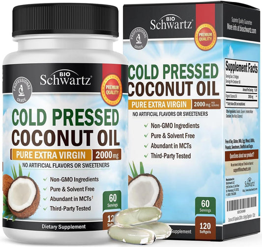 BioSchwartz Bio-Kokosöl Kapseln 2000mg – Organisch, rein, extra vergine, unraffiniert, kaltgepresst, MCT-reich, Non-GMO – Für gesunde Haut, Nägel, Haare, gegen Blähungen, Anti-Aging, Verdauung – 120 Kapseln (2 Monate Vorrat)