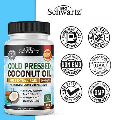 BioSchwartz Bio-Kokosöl Kapseln 2000mg – Organisch, rein, extra vergine, unraffiniert, kaltgepresst, MCT-reich, Non-GMO – Für gesunde Haut, Nägel, Haare, gegen Blähungen, Anti-Aging, Verdauung – 120 Kapseln (2 Monate Vorrat)