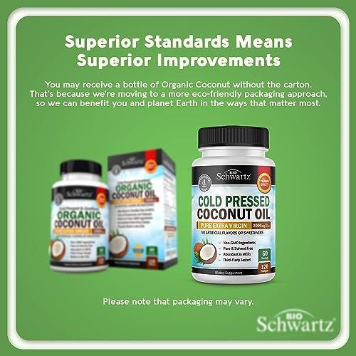 BioSchwartz Bio-Kokosöl Kapseln 2000mg – Organisch, rein, extra vergine, unraffiniert, kaltgepresst, MCT-reich, Non-GMO – Für gesunde Haut, Nägel, Haare, gegen Blähungen, Anti-Aging, Verdauung – 120 Kapseln (2 Monate Vorrat)