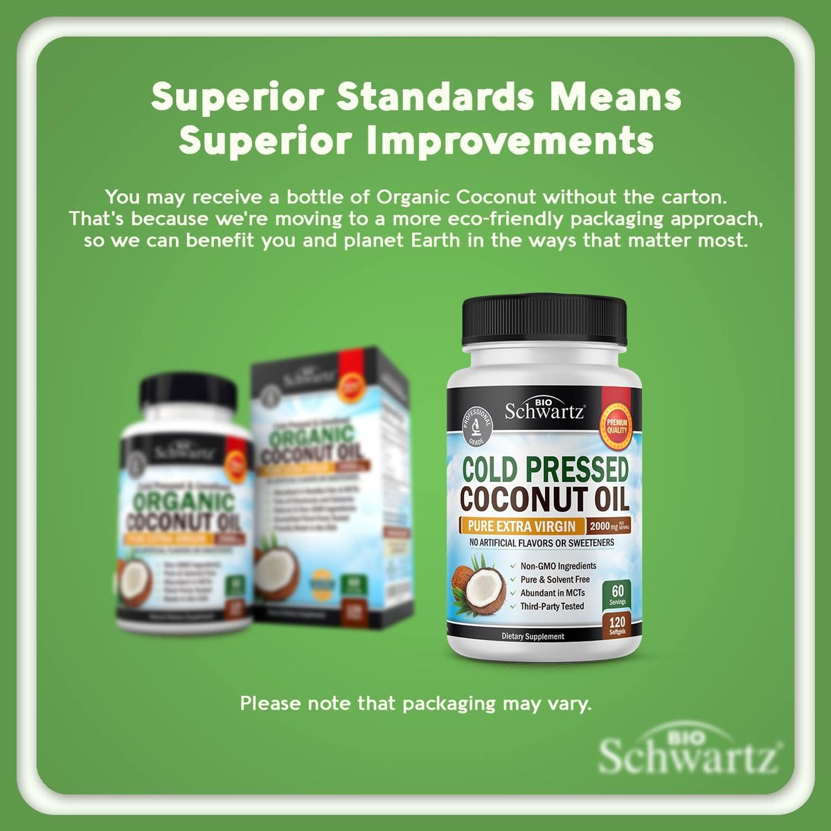 BioSchwartz Bio-Kokosöl Kapseln 2000mg – Organisch, rein, extra vergine, unraffiniert, kaltgepresst, MCT-reich, Non-GMO – Für gesunde Haut, Nägel, Haare, gegen Blähungen, Anti-Aging, Verdauung – 120 Kapseln (2 Monate Vorrat)