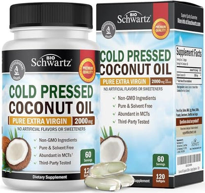 BioSchwartz Bio-Kokosöl Kapseln 2000mg – Organisch, rein, extra vergine, unraffiniert, kaltgepresst, MCT-reich, Non-GMO – Für gesunde Haut, Nägel, Haare, gegen Blähungen, Anti-Aging, Verdauung – 120 Kapseln (2 Monate Vorrat)