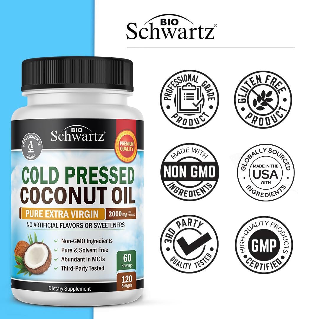 BioSchwartz Bio-Kokosöl Kapseln 2000mg – Organisch, rein, extra vergine, unraffiniert, kaltgepresst, MCT-reich, Non-GMO – Für gesunde Haut, Nägel, Haare, gegen Blähungen, Anti-Aging, Verdauung – 120 Kapseln (2 Monate Vorrat)