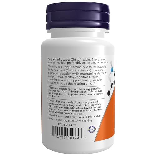 NOW Foods L-Theanin 100 mg mit Inositol und Taurin, Stressmanagement*, 90 Kautabletten