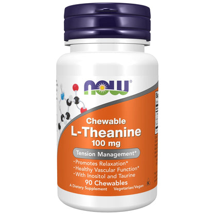 NOW Foods L-Theanin 100 mg mit Inositol und Taurin, Stressmanagement*, 90 Kautabletten