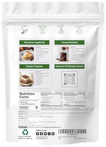 Micro Ingredients Reines Bio-Stevia-Pulver, 113 g (4 Unzen), 706 Portionen, Höchste Qualität Stevia-Grünblattextrakt Reb-A, Reduzierter Bitterer Nachgeschmack, 0 Kalorien, Natürlicher Süßstoff, Zuckerersatz, Keto-freundlich