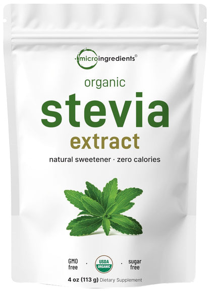 Micro Ingredients Reines Bio-Stevia-Pulver, 113 g (4 Unzen), 706 Portionen, Höchste Qualität Stevia-Grünblattextrakt Reb-A, Reduzierter Bitterer Nachgeschmack, 0 Kalorien, Natürlicher Süßstoff, Zuckerersatz, Keto-freundlich