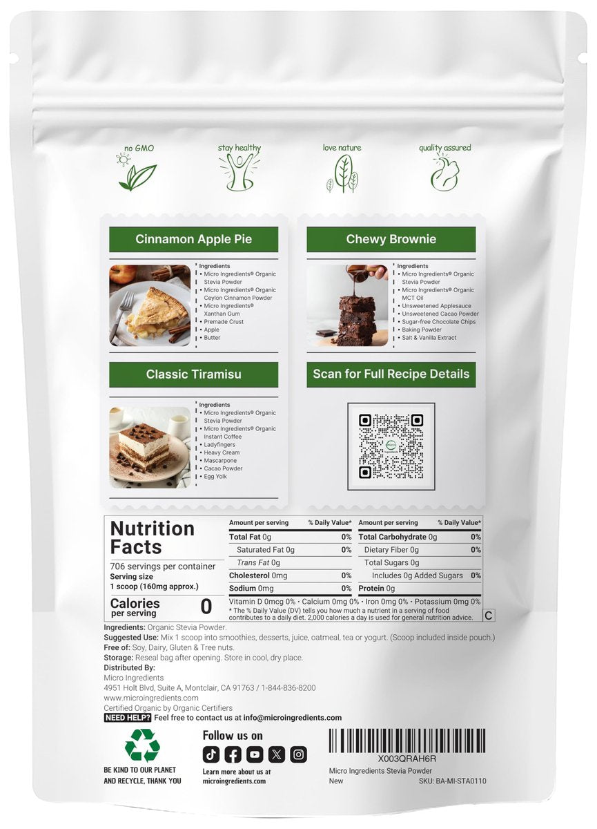Micro Ingredients Reines Bio-Stevia-Pulver, 113 g (4 Unzen), 706 Portionen, Höchste Qualität Stevia-Grünblattextrakt Reb-A, Reduzierter Bitterer Nachgeschmack, 0 Kalorien, Natürlicher Süßstoff, Zuckerersatz, Keto-freundlich