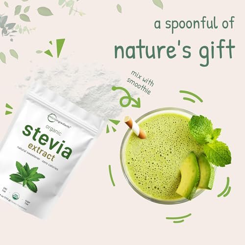 Micro Ingredients Reines Bio-Stevia-Pulver, 113 g (4 Unzen), 706 Portionen, Höchste Qualität Stevia-Grünblattextrakt Reb-A, Reduzierter Bitterer Nachgeschmack, 0 Kalorien, Natürlicher Süßstoff, Zuckerersatz, Keto-freundlich