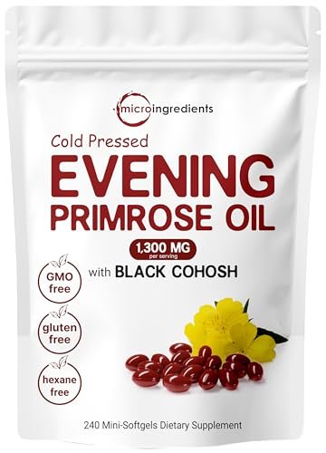 Nachtkerzenöl 1300 mg pro Portion, 240 Weichkapseln | Angereichert mit 40 mg Traubensilberkerzen-Extrakt, kaltgepresst – 10 % aktive GLA, nicht-GVO, glutenfrei, leicht zu schlucken