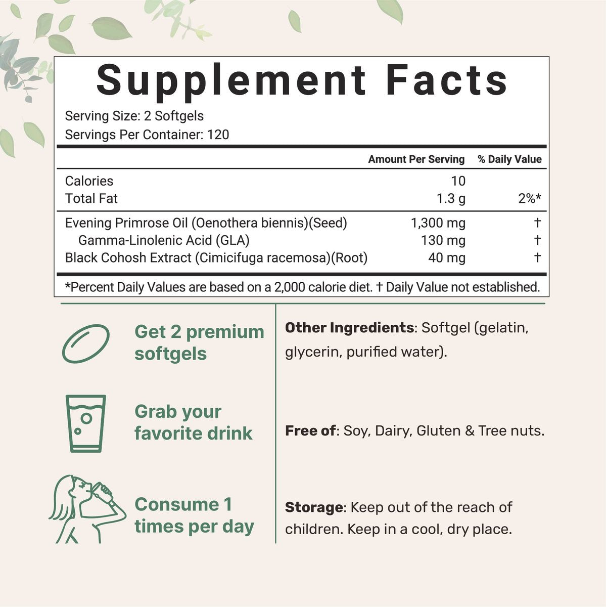Nachtkerzenöl 1300 mg pro Portion, 240 Weichkapseln | Angereichert mit 40 mg Traubensilberkerzen-Extrakt, kaltgepresst – 10 % aktive GLA, nicht-GVO, glutenfrei, leicht zu schlucken