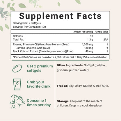 Nachtkerzenöl 1300 mg pro Portion, 240 Weichkapseln | Angereichert mit 40 mg Traubensilberkerzen-Extrakt, kaltgepresst – 10 % aktive GLA, nicht-GVO, glutenfrei, leicht zu schlucken