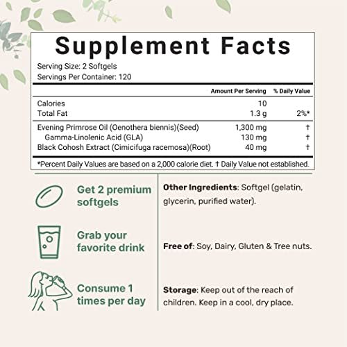 Nachtkerzenöl 1300 mg pro Portion, 240 Weichkapseln | Angereichert mit 40 mg Traubensilberkerzen-Extrakt, kaltgepresst – 10 % aktive GLA, nicht-GVO, glutenfrei, leicht zu schlucken