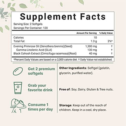 Nachtkerzenöl 1300 mg pro Portion, 240 Weichkapseln | Angereichert mit 40 mg Traubensilberkerzen-Extrakt, kaltgepresst – 10 % aktive GLA, nicht-GVO, glutenfrei, leicht zu schlucken