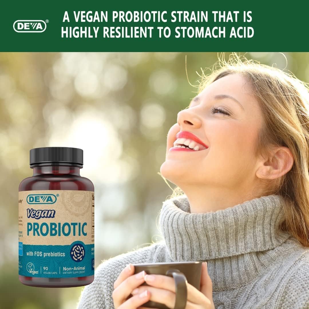 DEVA Vegan Probiotikum mit FOS-Präbiotika – 2 Milliarden KBE mit 100 mg Präbiotika pro Portion für Männer & Frauen – Milchfrei, glutenfrei, natürlich haltbar – 90 Kapseln