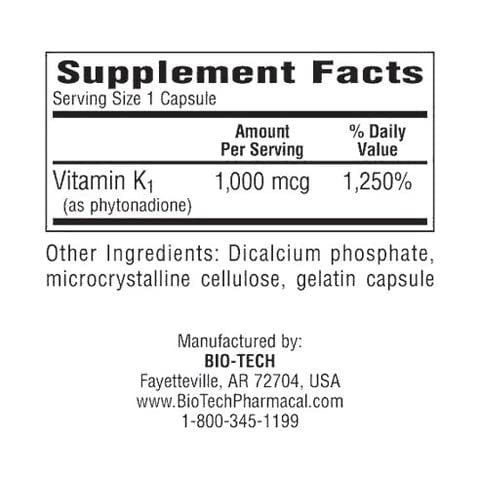 Bio-Tech Vitamin K-1 1000 µg – 100 Kapseln, Nahrungsergänzungsmittel für die Blutgerinnung