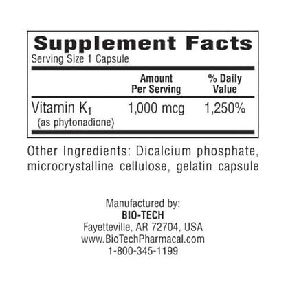 Bio-Tech Vitamin K-1 1000 µg – 100 Kapseln, Nahrungsergänzungsmittel für die Blutgerinnung