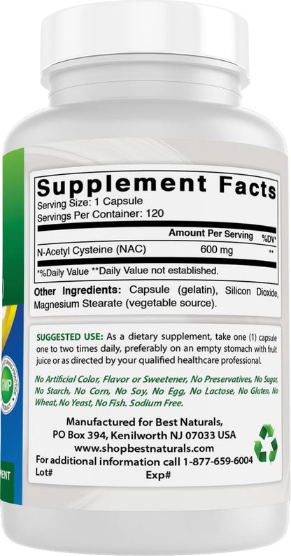 Best Naturals NAC - N-Acetyl Cystein 600 mg 120 Kapseln - Starkes Antioxidans