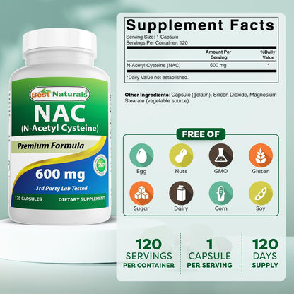 Best Naturals NAC - N-Acetyl Cystein 600 mg 120 Kapseln - Starkes Antioxidans
