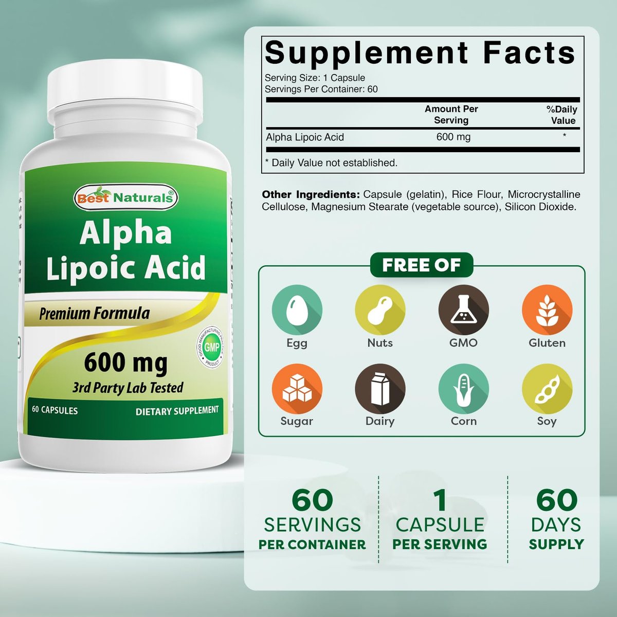 Best Naturals Alpha-Liponsäure 600 mg – 60 Kapseln Starke Antioxidantien