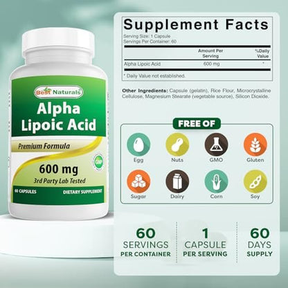 Best Naturals Alpha-Liponsäure 600 mg – 60 Kapseln Starke Antioxidantien