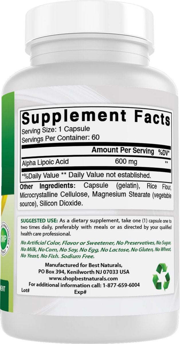 Best Naturals Alpha-Liponsäure 600 mg – 60 Kapseln Starke Antioxidantien