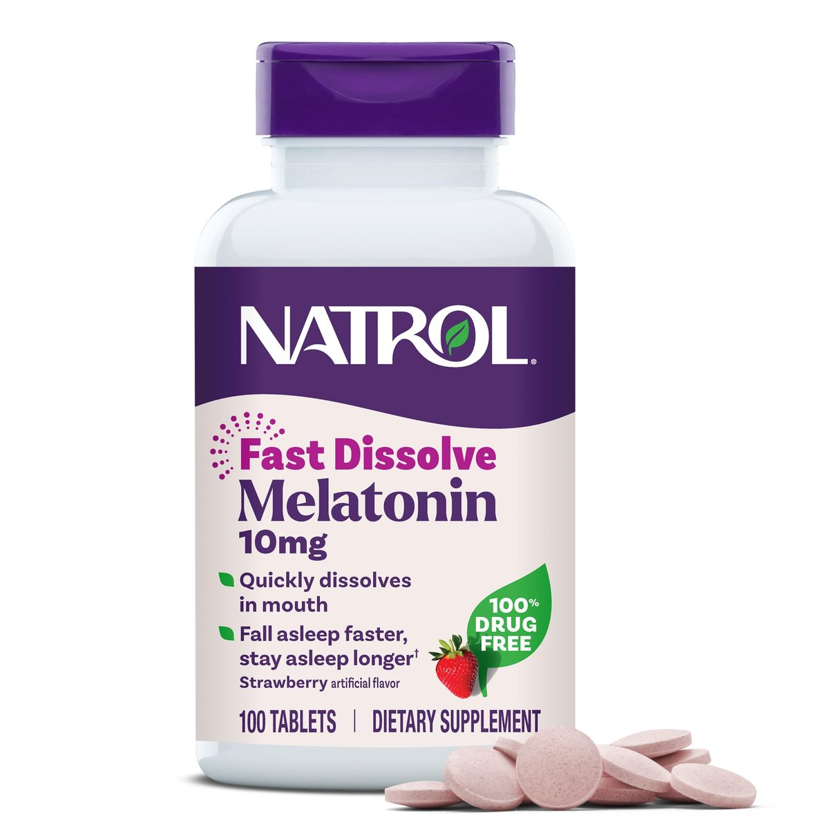 Natrol Melatonin 10mg Schnell lösliche Tabletten – Erdbeergeschmack, 100 Stück, Schlafunterstützung für Erwachsene, 100-Tage-Vorrat