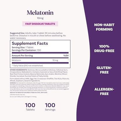 Natrol Melatonin 10mg Schnell lösliche Tabletten – Erdbeergeschmack, 100 Stück, Schlafunterstützung für Erwachsene, 100-Tage-Vorrat