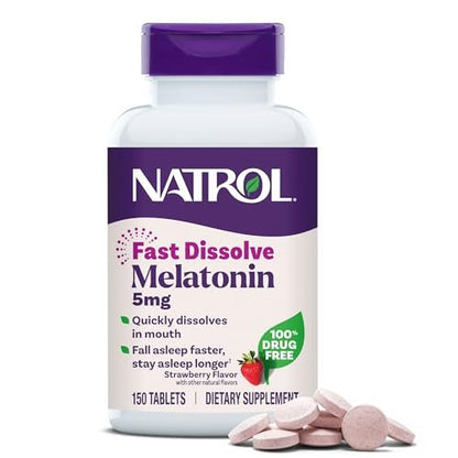 Natrol Melatonin 5mg Schnell lösliche Tabletten, Schlafunterstützung für Erwachsene, Erdbeergeschmack, 150 Tabletten, bis zu 150 Tage Versorgung