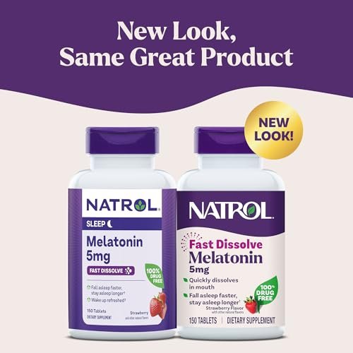 Natrol Melatonin 5mg Schnell lösliche Tabletten, Schlafunterstützung für Erwachsene, Erdbeergeschmack, 150 Tabletten, bis zu 150 Tage Versorgung