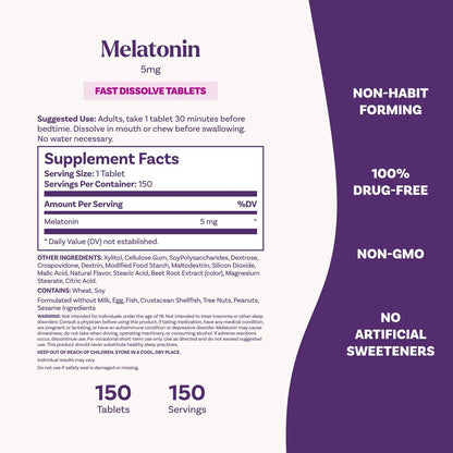 Natrol Melatonin 5mg Schnell lösliche Tabletten, Schlafunterstützung für Erwachsene, Erdbeergeschmack, 150 Tabletten, bis zu 150 Tage Versorgung