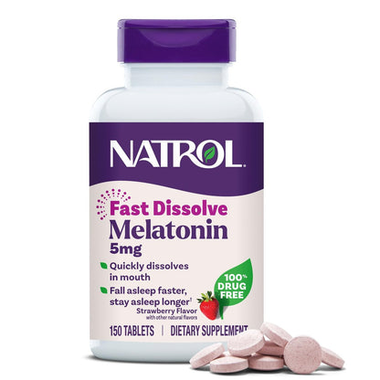 Natrol Melatonin 5mg Schnell lösliche Tabletten, Schlafunterstützung für Erwachsene, Erdbeergeschmack, 150 Tabletten, bis zu 150 Tage Versorgung