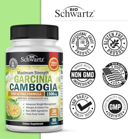 Garcinia Cambogia Abnehmkapseln - 1500 mg HCA reiner Extrakt - Schnell wirkender Appetitzügler - Fatburner für Frauen und Männer zur Gewichtsabnahme - Kohlenhydratblocker Stoffwechsel Diätpillen - 90 Kapseln
