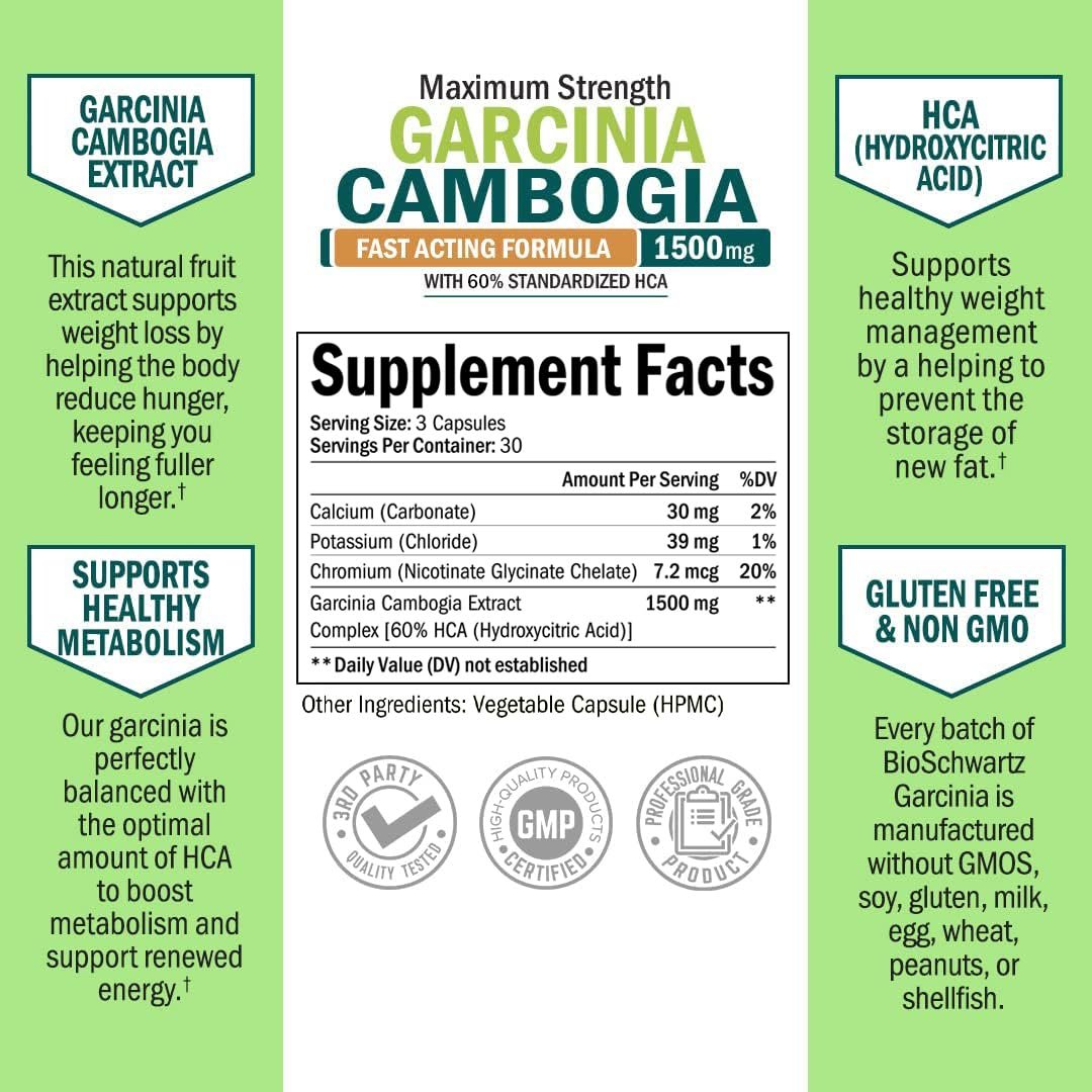 Garcinia Cambogia Abnehmkapseln - 1500 mg HCA reiner Extrakt - Schnell wirkender Appetitzügler - Fatburner für Frauen und Männer zur Gewichtsabnahme - Kohlenhydratblocker Stoffwechsel Diätpillen - 90 Kapseln